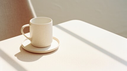 A cup of coffee with on the table against a light wall minimalistic background