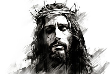 Jesus Christ with crown of thorns. Hand-drawn illustration. - obrazy, fototapety, plakaty
