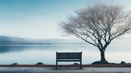 A serene lakeside scene with a copy space background
