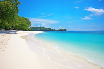 A secluded beach with crystal-clear blue waters and white sand.
