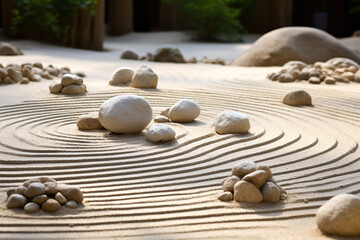 A serene meditation garden with sand patterns and smooth stones.