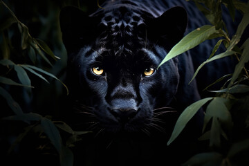 A sleek black panther camouflaged in the shadows.
