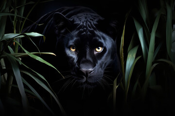 A sleek black panther camouflaged in the shadows.