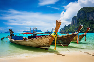 A tranquil row of colorful fishing boats on a Thai beach.