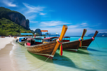 Fototapeta na wymiar A tranquil row of colorful fishing boats on a Thai beach.