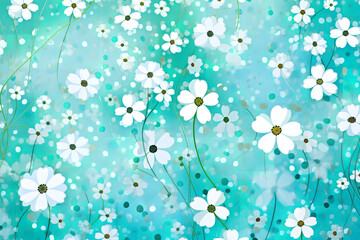 turqoise and white floral wallpaper, in the style of confetti-like dots, rounded shapes, gestural markings
