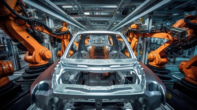 car being manufactured by robots