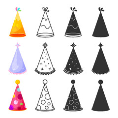 Holiday party cone cap hat triangle flat line glyph silhouette set. Editable stroke outline sticker colorful party headdress cartoon yellow purple wizard star magic red clown in dot fringe isolated