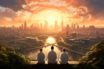 Fototapeta premium Three angels contemplating the holy city the New Jerusalem in the distance Generative AI Illustration