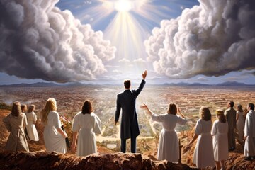 Illustration of people of God awaiting the Return of Jesus Christ in the clouds of heaven with great glory Generative AI