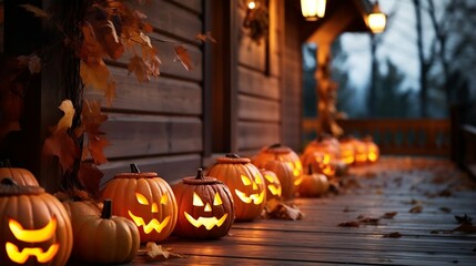 Hauntingly carved pumpkins flickering on wooden porch
