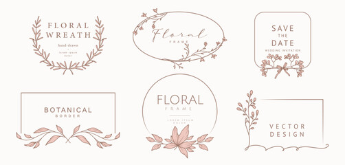 Hand drawn floral frames. Elegant vintage wreaths. Vector illustration, botanical decor elements for logo, label, corporate identity, branding, wedding invitation, greeting card, save the date