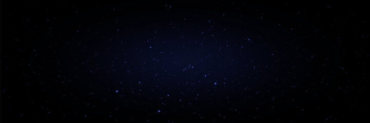 Shining stars glow on a dark sky background. Light glare and particles. Cosmic universe in blue. Vector illustration