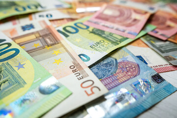 Finance background of different euro bills. European money - obrazy, fototapety, plakaty