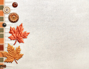 Autumn season backdrop with white wool sweater texture and handmade decor. Horizontal background...