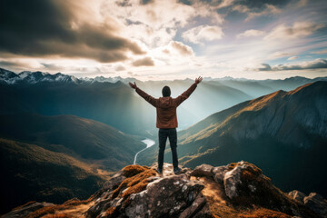 backpacker with his arms up on the mountain top