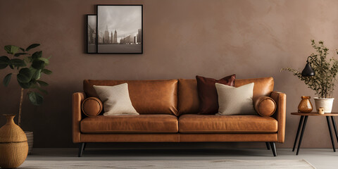 Midcentury modern living room with tan leather sofa
