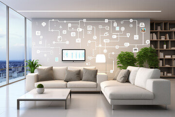 Internet of things: modern minimalist interior with digitaly connected devices, smart home concept