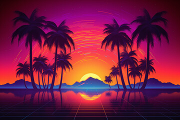 Fototapeta na wymiar Vaporwave retro style 3D landscape with laser grid, row of palm trees and sun. Synthwave retro background - palm trees