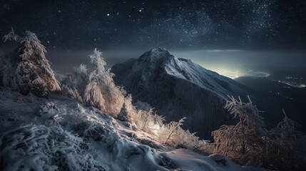 Night sky above winter mountains. AI