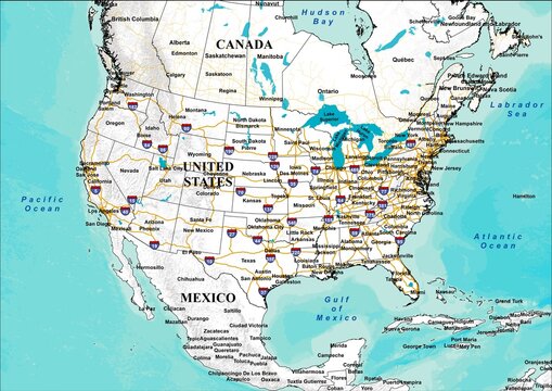 USA America detailed roads and water bodies map