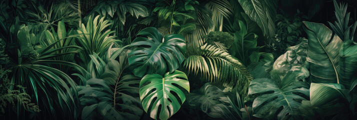 Panorama background texture with green monstera leaves