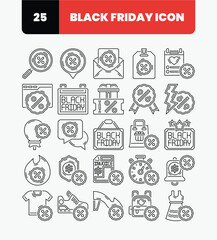 Simple Black Friday Icon Set with Outline Style. Flash Deals, Hot Deals, Limited Time Offer, Gift Voucher.