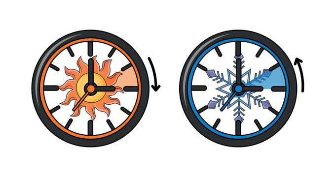 Icons clock transition to winter and summer time. Vector illustration isolated on white background