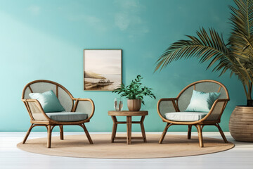 Fototapeta na wymiar Wicker coffee table and chairs in a Caribbean composition.
