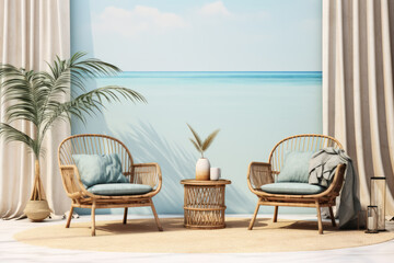 Fototapeta na wymiar Wicker coffee table and chairs in a Caribbean composition.