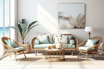 Wicker coffee table and chairs in a Caribbean composition.