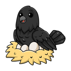 Cute crow bird cartoon with eggs in the nest