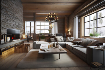 Eco style interior of living room in modern house.