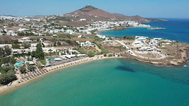 Aerial views from over Golden Beach, on the Greek Island of Paros