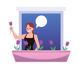 Smiling woman growing tulips on window, empty speech bubble, flat vector illustration isolated on white background.