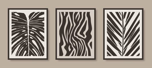 Abstract Tropical Leaves Posters with Monstera, Palms and Zebra Stripes. Modern Floral Print in Minimalist Style.