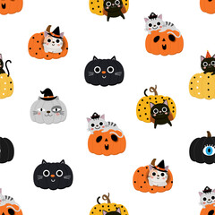 Cute  cat and spooky pumpkin seamless pattern and background. Halloween holidays cartoon character. -vector