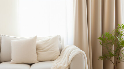 A close-up of a minimalist living room curtains, with a neutral color scheme. - obrazy, fototapety, plakaty