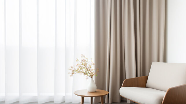 A close-up of a minimalist living room curtains, with a neutral color scheme.