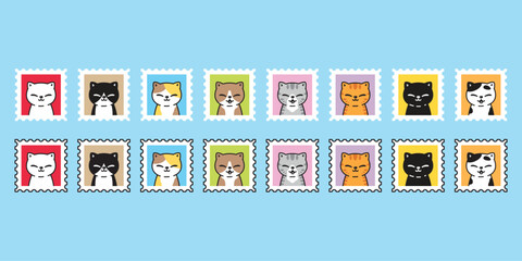 cat vector kitten stamp icon cartoon neko calico pet smile post mail character symbol tattoo scarf illustration isolated design clip art