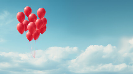 Red balloons are floating in the bright sky.