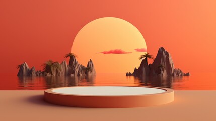 3D render of a beach landscape featuring a circle-shaped island adorned with lush palm trees and white sandy shores, surrounded by crystal-clear turquoise waters that reflect the golden hues