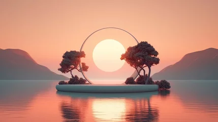 Foto op Canvas 3D render of a beach landscape featuring a circle-shaped island adorned with lush palm trees and white sandy shores, surrounded by crystal-clear turquoise waters that reflect the golden hues © Mahenz