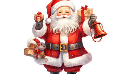 Santa Claus Holding A Bell  And Gift On White Background