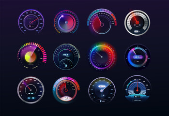 Speedometers set. Car speed realistic dashboard, futuristic gauge meter, counter and arrow. Bright glowing elements on black background. Vector exact isolated interface design - obrazy, fototapety, plakaty
