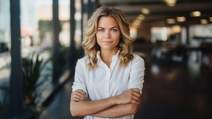Beautiful Blonde businesswoman looking at camera in office setting while wearing office white shirt