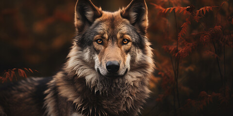 Portrait of a black and brown wild wolf in the forest