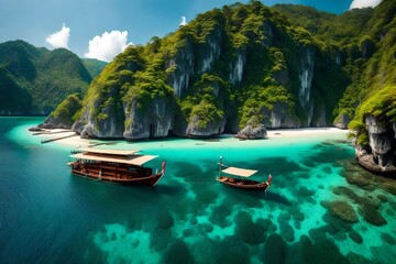 tropical island with 2 boats and mountains covered with trees