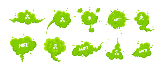 Smelling green cartoon smoke or fart clouds flat style design vector illustration set. Bad stink or toxic aroma cartoon smoke cloud isolated on white background. - obrazy, fototapety, plakaty