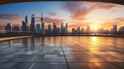 Empty floor and modern city skyline with building at sunset in Suzhou, China. high angle view. AI Generative